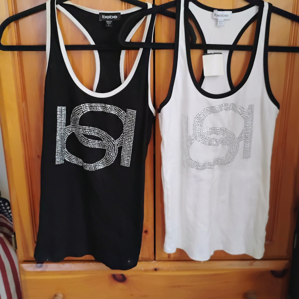 bebe Rhinestone Logo Racerback Tank - Black or White